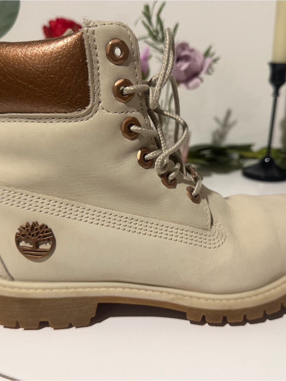 Timberland Women's Cream Lace-Up Boots with Rose Gold Accents